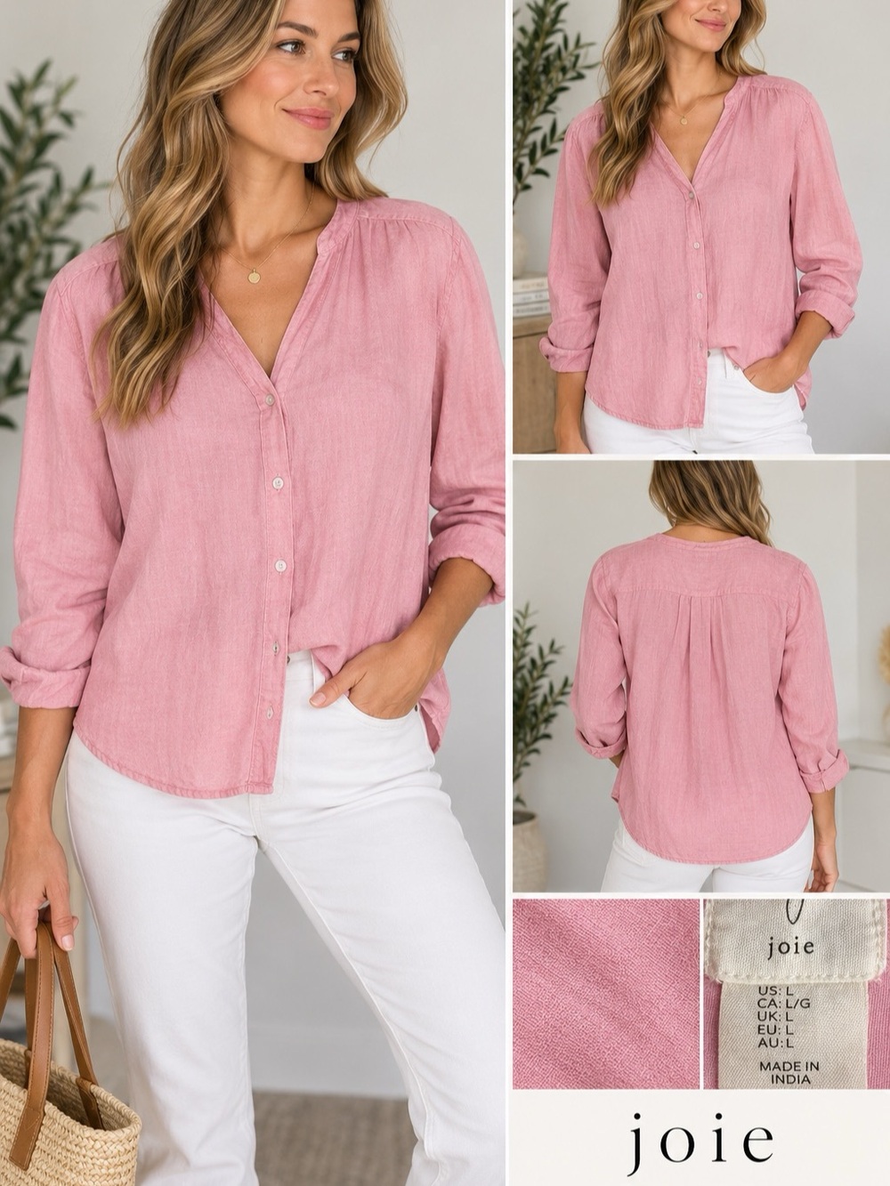 Joie Pink Linen Blend Button Front Blouse Size L